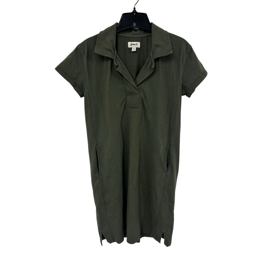 Pact Olive Green Organic Cotton Short Sleeve V Neck Polo Shirt Dress Womens XS